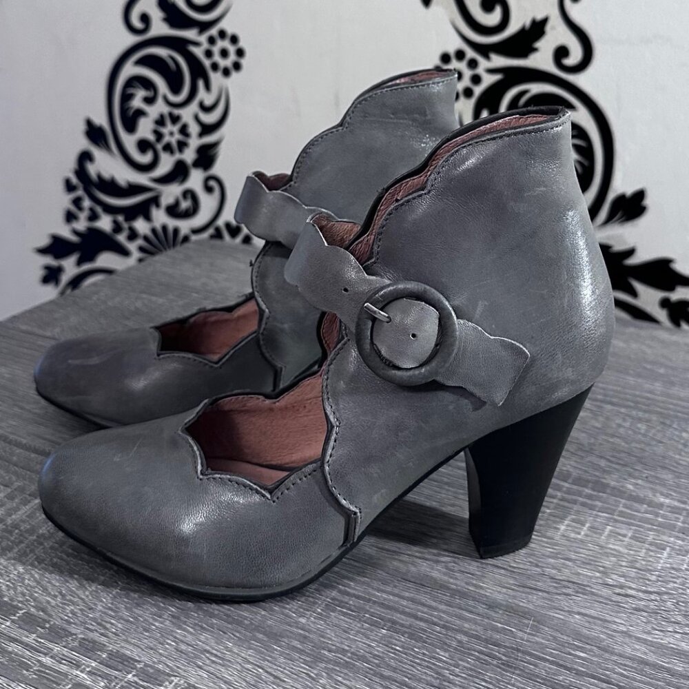 Make a statement with these unique Miz Mooz gray leather Mary Jane heels